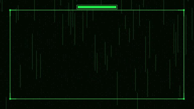 Digital hud interface frame with green loading progress bar and falling data matrix code overlay animation 4k