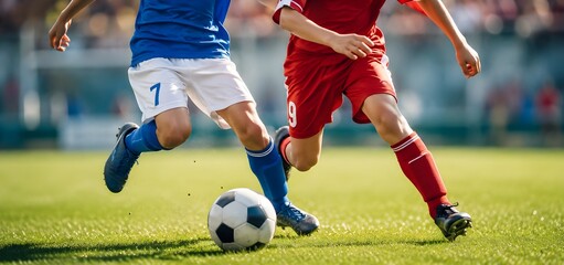 Naklejka premium Two Young Soccer Players Competing for the Ball in Football Match, Dynamic Sports Action Close Up