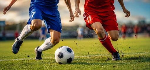 Naklejka premium Soccer Players Running and Kicking Ball During Football Match, Youth Player Legs in Dynamic Action