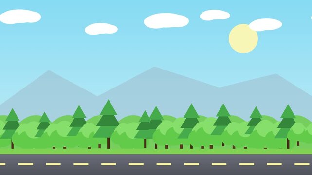 Flat road trip animation with moving forest landscape and mountains 4k background, flat 2d animation travel