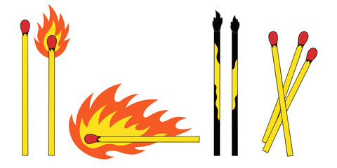 Unlit – two upright matches with red tips Burning – matches with bold orange/yellow flame (upright and horizontal) Burnt out – two charred black matches with scorched sticks Scattered – three unused. © Phaimanee