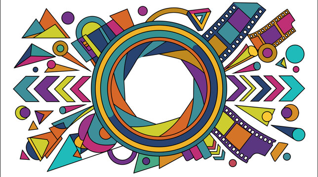 Photography celebration background with colorful camera shutter and abstract graphic elements
