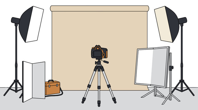 Professional portrait lighting setup with camera softboxes reflector and backdrop in studio