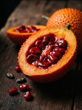 Fresh gac fruit cut in half showing vibrant red arils on a rustic wooden table