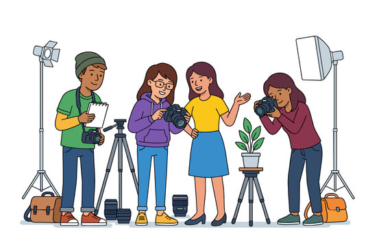 Photography students learning camera techniques with instructor practical workshop concept