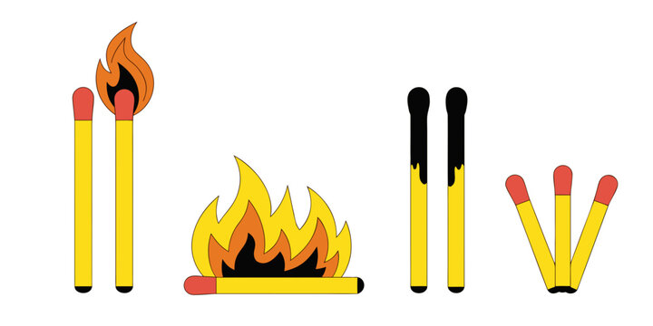 Two burning matches, one lying match on fire, two burnt matches, and three unused matches arranged together.