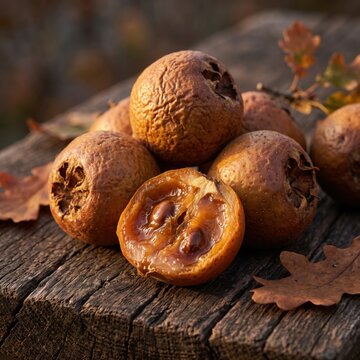 Fresh medlar fruits on a rustic wooden table with autumn oak leaves