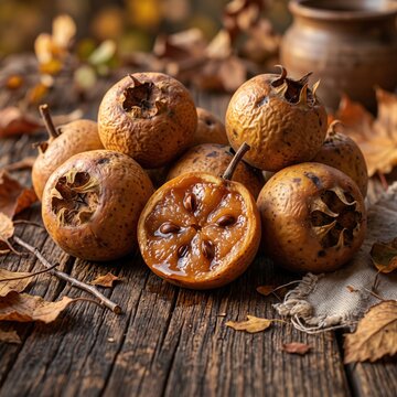 Fresh medlar fruits on a rustic wooden table with autumn leaves