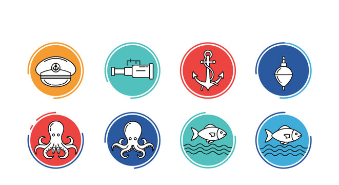 Cute set of eight colorful round marine themed icons including captain hat spyglass anchor octopus and fishes.
