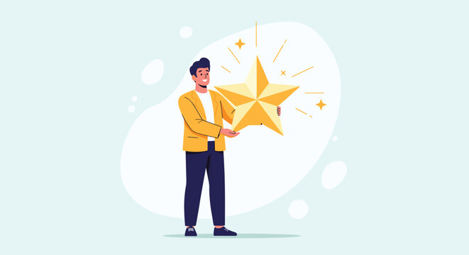 Happy man in a yellow jacket holding a large shining golden star representing success and positive feedback.