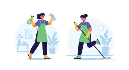 Fototapeta premium Energetic women performing household chores by spraying glass cleaner and mopping the floor in a clean room.
