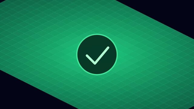 Green isometric check mark animation on digital grid 4k background, for technology and, business success concepts
