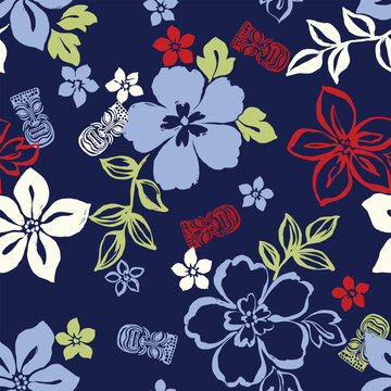 Seamless tropical floral pattern with tiki masks isolated on transparent background, Vector