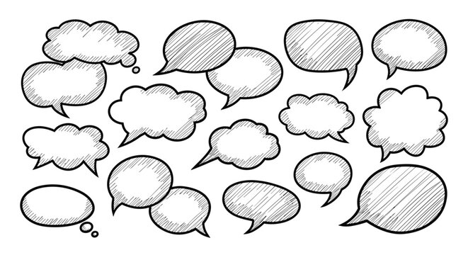 Diverse collection of hand drawn sketch speech and thought bubbles for comic books and communication designs.