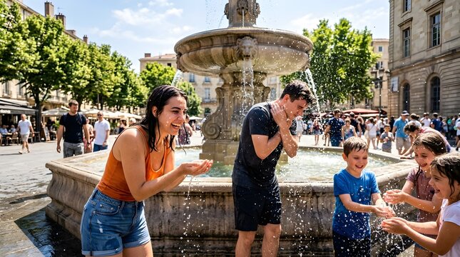 Personnes se rafra&icirc;chissant autour d'une fontaine publique pendant une vague de chaleur estivale et canicule 