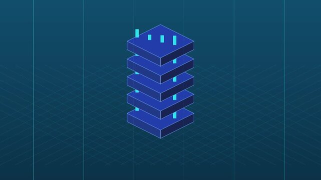 Isometric data server stack animation: digital cloud computing and network infrastructure concept 4k