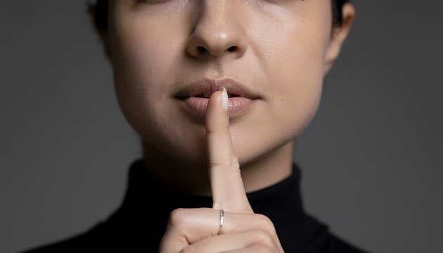 Close up of a woman wearing a black turtleneck holding her finger to her lips in a shush gesture on a gray background, representing silence, privacy, or secret concept.