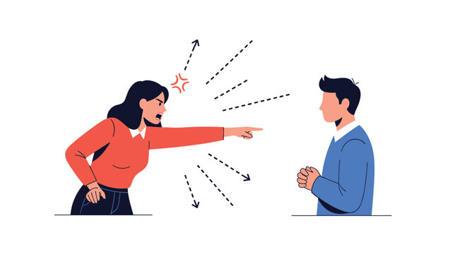 Angry woman screaming and pointing her finger at a worried young man representing relationship conflict.