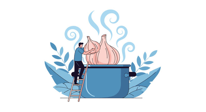 Man climbing ladder to cook giant garlic bulbs in big blue boiling pot of soup with rising steam vector illustration.
