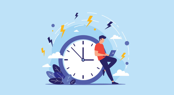 Young man leaning on big wall clock working on laptop with lightning bolts symbolizing stress and urgent deadline.