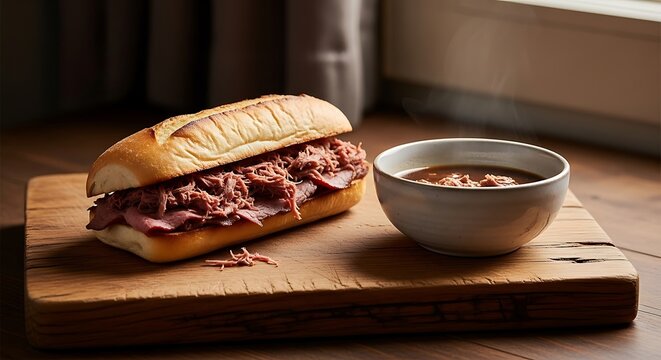 An italian beef sandwich served with a side of warm savory au jus for dipping presented on a rustic wooden cutting board in a home kitchen setting