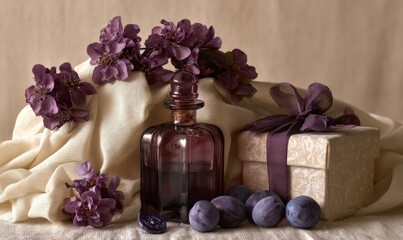 Flowers, bottle, gift, and plums arranged on draped fabric under warm light © TheoTheWizard