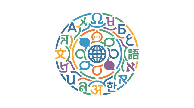 Multilingual symbols around the globe icon.