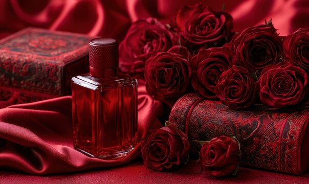 Luxurious red perfume with roses on velvet surface