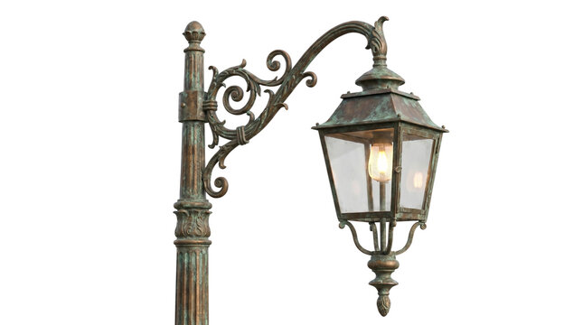 Vintage ornate bronze street lamp lantern with green patina isolated on transparent background png