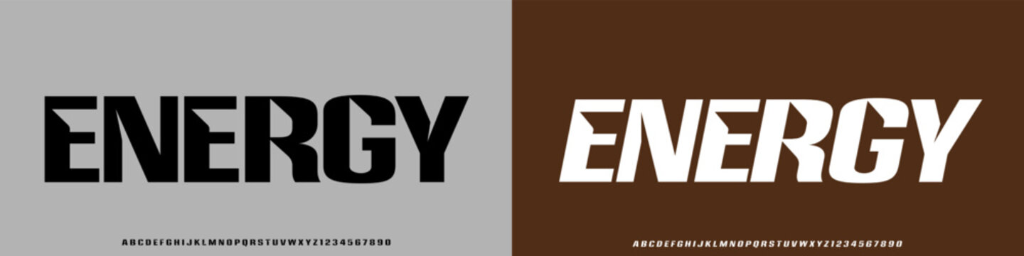 Energy Font. Alphabet Upper case . Number Ampersand Typography urban style condensed fonts for fashion, sport, technology, digital, music, movie, logo design, vector illustration	