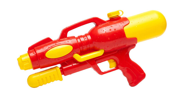 Red and yellow plastic water gun with water drops isolated on transparent background png