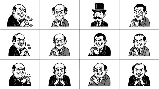 Retro black and white caricature illustrations of greedy businessmen and evil bankers in suits