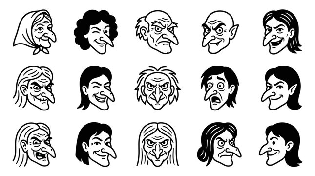 Set of Funny Ugly Old Witch Faces and Grumpy Character Caricatures in Line Art Style