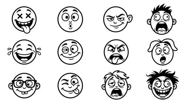 Set of Cartoon Emoji Faces with Different Expressions Black and White Line Art Icons