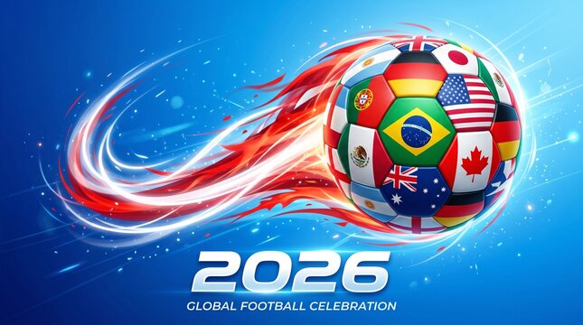 2026 global football celebration poster with multinational soccer ball