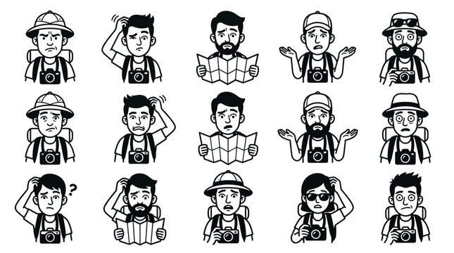 Set of confused tourist avatar icons with lost travelers holding maps and cameras