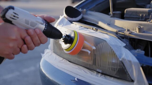 The process of polishing car headlights outdoors. 