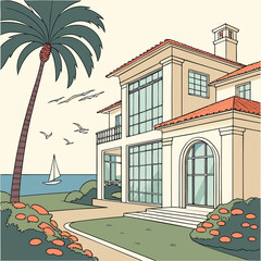Obraz premium Large mediterranean style house with a pool and palm trees mediterranean architecture