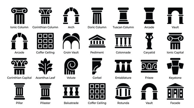 Classical architecture elements icons featuring ionic column corinthian column arch doric column tuscan column arcade vault coffer ceiling groin vault pediment colonnade caryatid and ionic capital.
