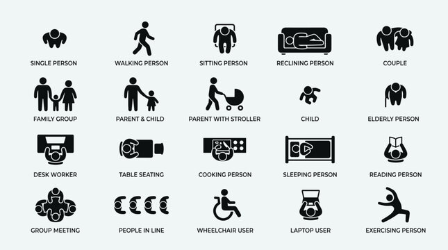 Human figure pictogram set including single person walking person sitting reclining couple family group parent and child parent with stroller child elderly person desk worker table seating cook.