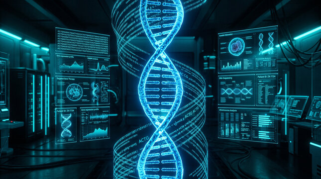 Glowing DNA Double Helix with Gene Sequencing Data and CRISPR Analysis Dashboard in Futuristic Biotech Laboratory