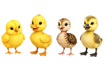 Fototapeta premium Cute baby birds collection, fluffy yellow chick, duckling and gosling cartoon characters isolated on white background, farm animals set Keywords: