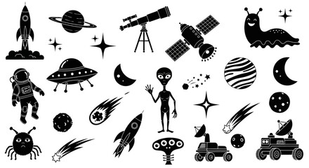 Obraz premium Space icons, black vector set, astronomy symbols, 25 space objects