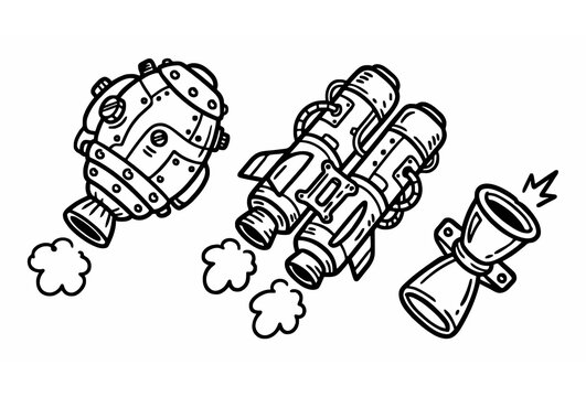 Cute cartoon rocket engine icon vector set with hand drawn black outline space booster doodles