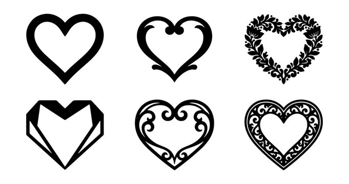 Elegant heart vector collection, six distinct black and white heart shapes, decorative love symbols, romantic design elements for wedding invitations and Valentine's Day projects