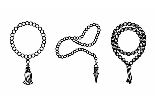 Islamic prayer beads tasbih vector line icons set with traditional subha subhah misbaha outline design elements