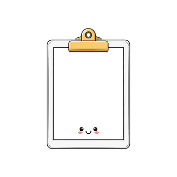 Cute Kawaii Clipboard Character with Blank Paper and Golden Clip