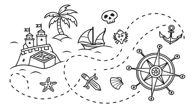 Vector illustration hand drawn pirate treasure map with castle, ship, palm tree, compass, anchor, skull, sword, and starfish