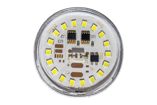 Closeup LED circuit board with resistors, chips, connectors, markings
