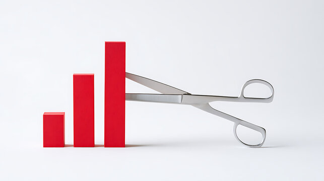 Metallic scissors positioned to cut the tallest red bar in a graph, suggesting reduction, cost-cutting, or a decrease in progress. Conceptual studio shot